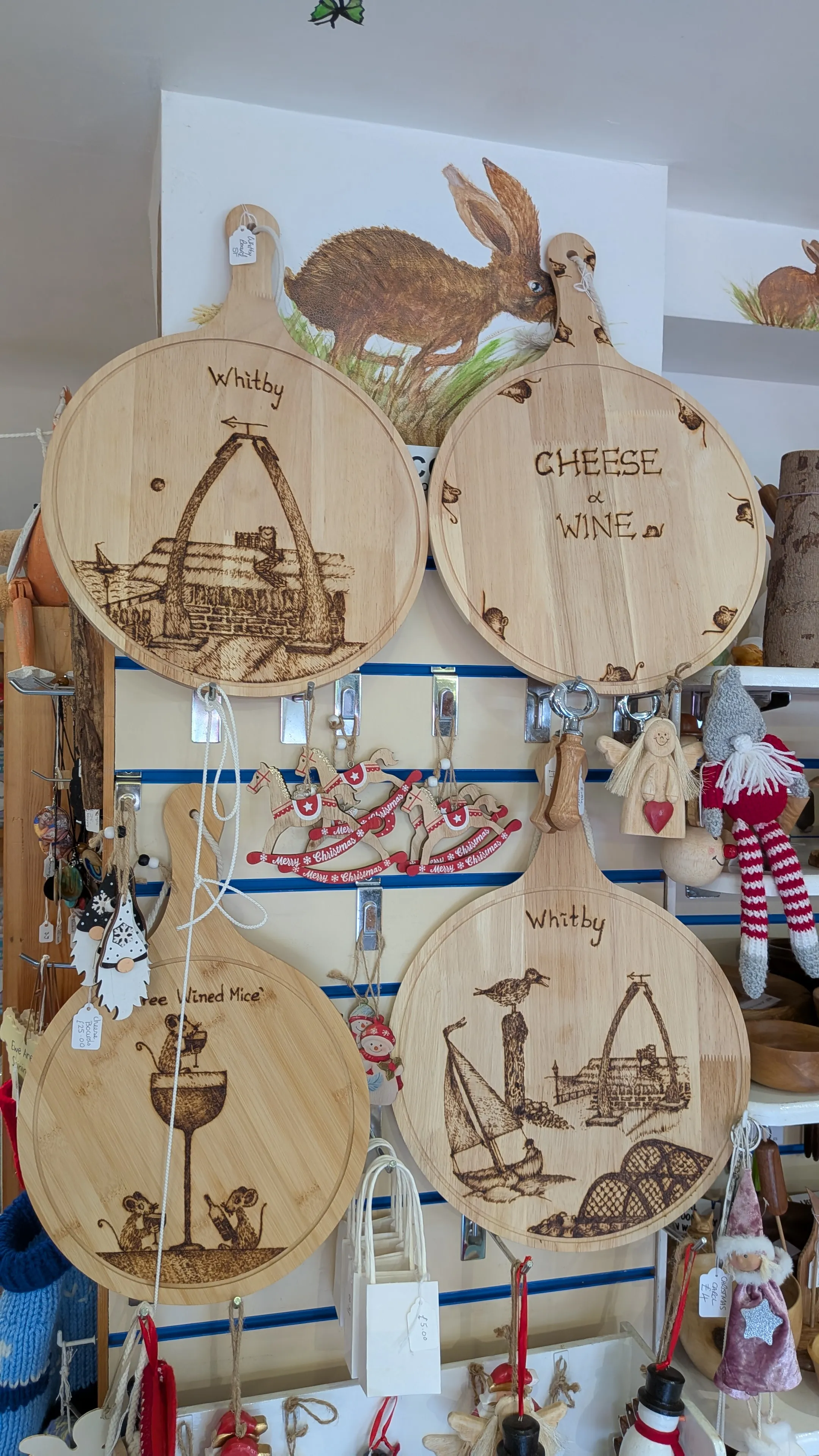Handmade wooden pyrography artwork featuring Whitby scenes